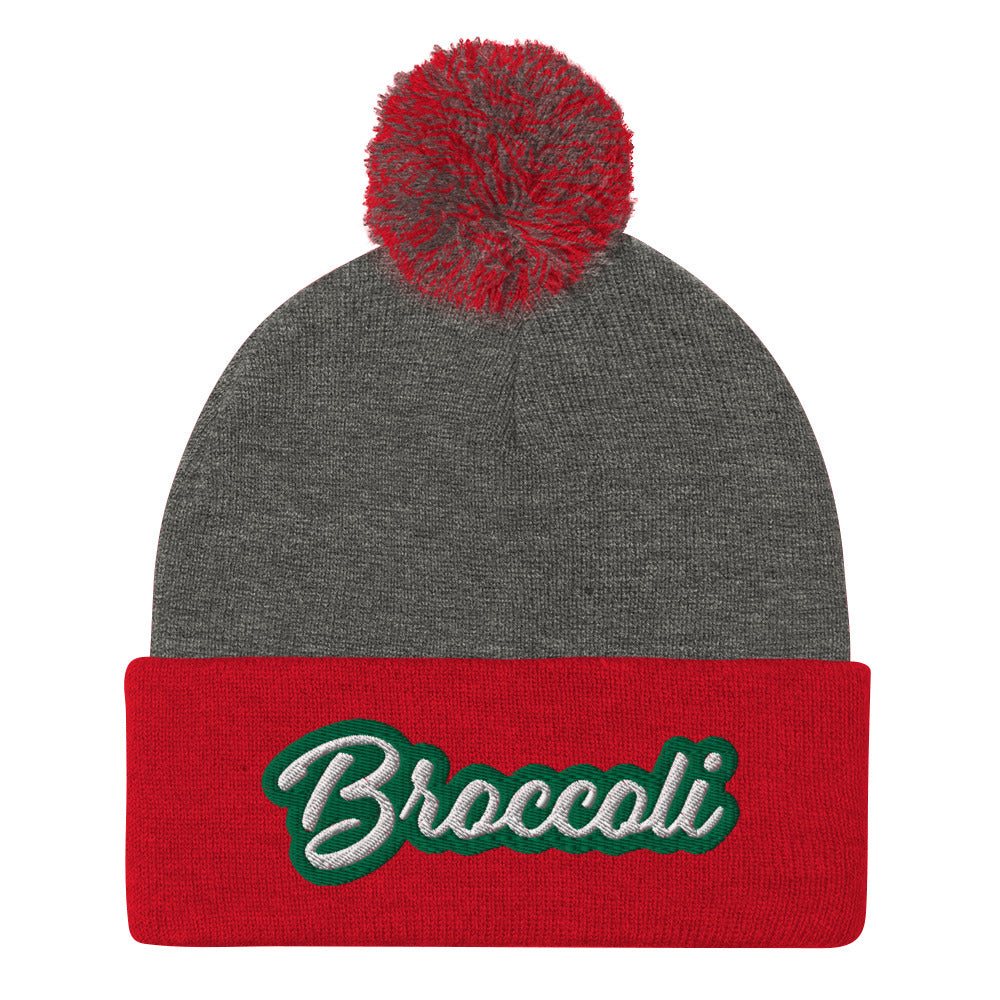 Red and Gray Broccoli Beanie - Love broccoli? Looking for a weird gift for a foodie? This broccoli hat is just for you! It's a warm and cozy beanie with a classic pom pom on top and "broccoli", expertly embroidered on the front.