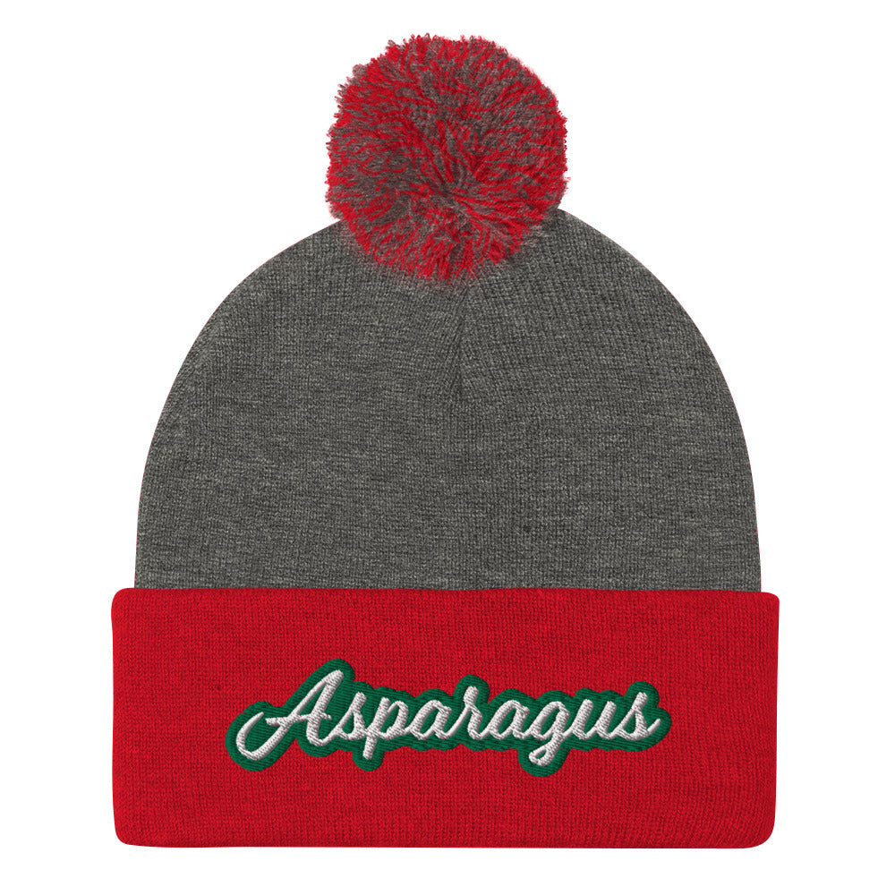 Red and Gray Asparagus Beanie. A Sarcastic Hat for Vegetarians - Veggie enthusiast? Looking for a funny gift? This Asparagus Hat is just what you need! It's a warm and cozy beanie with a classic pom pom on top and "Asparagus", expertly embroidered on the front. Designed by Nina and made just for you! Looking for something personalized? A different embroidery color? Shoot us an email or check out our customizable apparel!