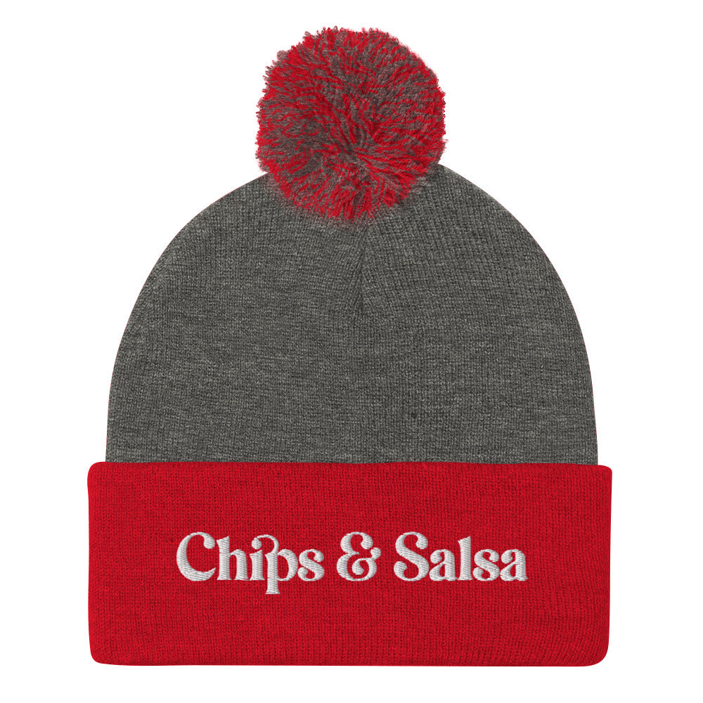 Red and Gray Chips and Salsa Hat - Love chips and salsa? Looking for a gift for a salsa enthusiast? This funny beanie is cozy, comfortable and made just for you. It's a classic pom pom beanie with a funny embroidered design. Celebrate your favorite foods in our chips and salsa hat. Looking for something personalized? A different embroidery color? Shoot us an email or check out our customizable apparel!