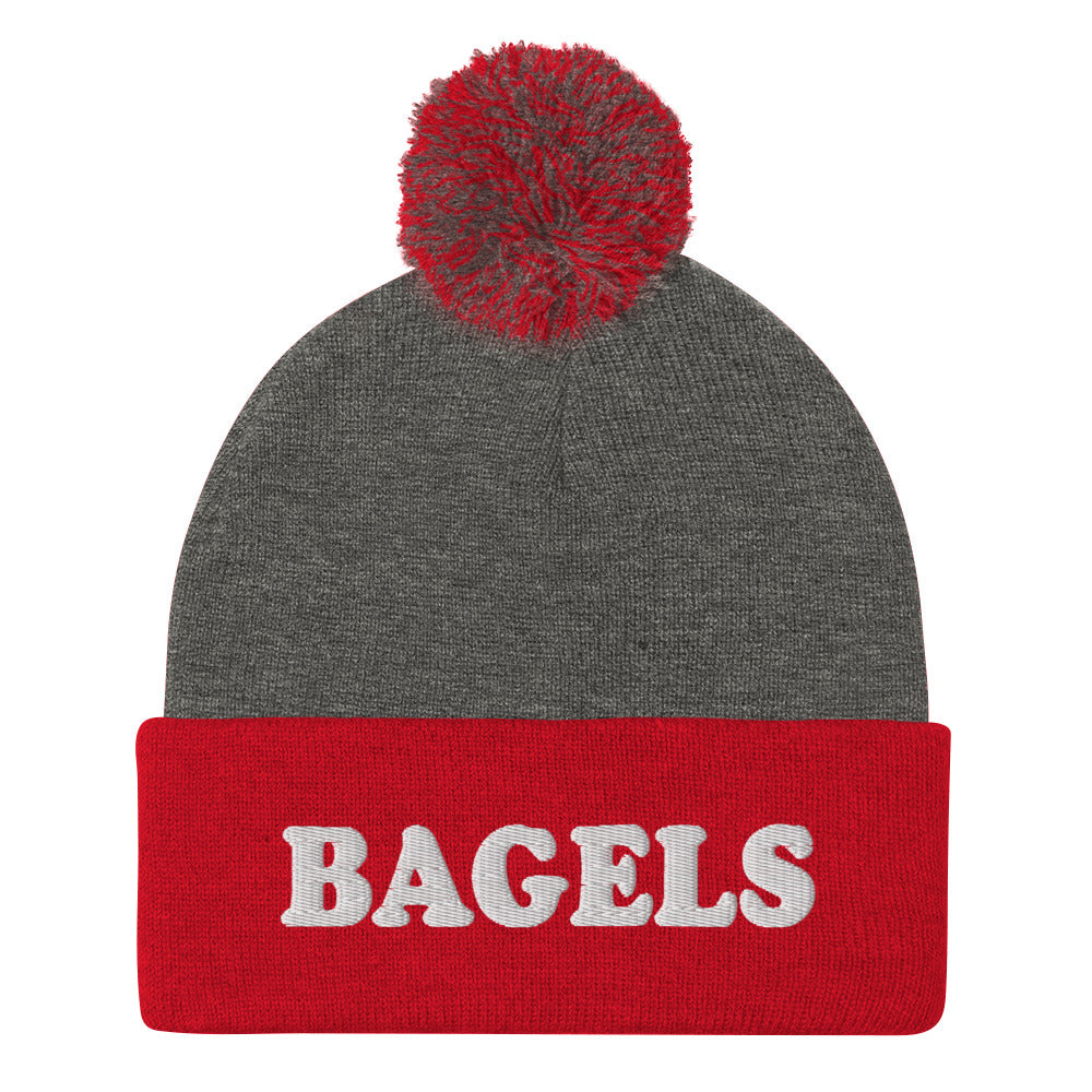 Red and Gray Bagels Beanie -Are you a bagel enthusiast? Looking for a gift for a foodie? Our Bagels Beanie is comfortable, cozy and expertly embroidered just for you. It's a funny beanie with a pom pom on top, perfect for everyday streetwear for bagel lovers and foodies of all kinds.