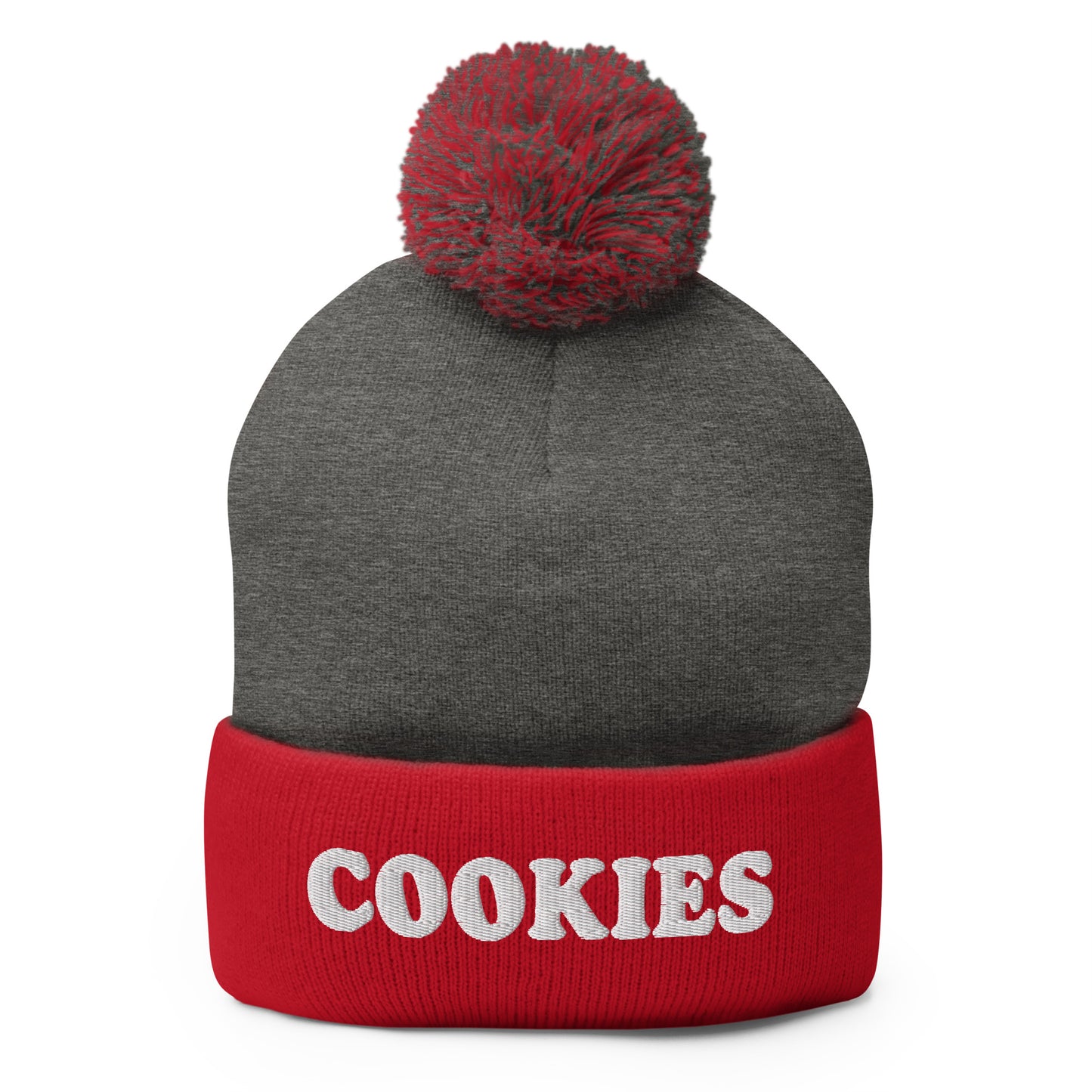 Gray and Red Cookies Beanie - Love cookies? Looking for a funny gift for a foodie? Our Cookies Beanie is comfortable, cozy and expertly embroidered just for you. It's a classic beanie with a pom pom on top, perfect for everyday streetwear for cookie lovers and foodies of all kinds.