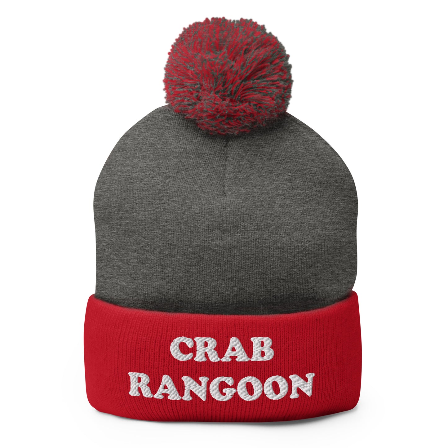 Red and Gray Crab Rangoon Beanie - Love Crab Rangoon? Looking for a funny gift for a foodie? Our Crab Rangoon Beanie is comfortable, cozy and expertly embroidered just for you. It's a classic beanie with a pom pom on top. Perfect for everyday streetwear for Crab Rangoon lovers and foodies of all kinds.