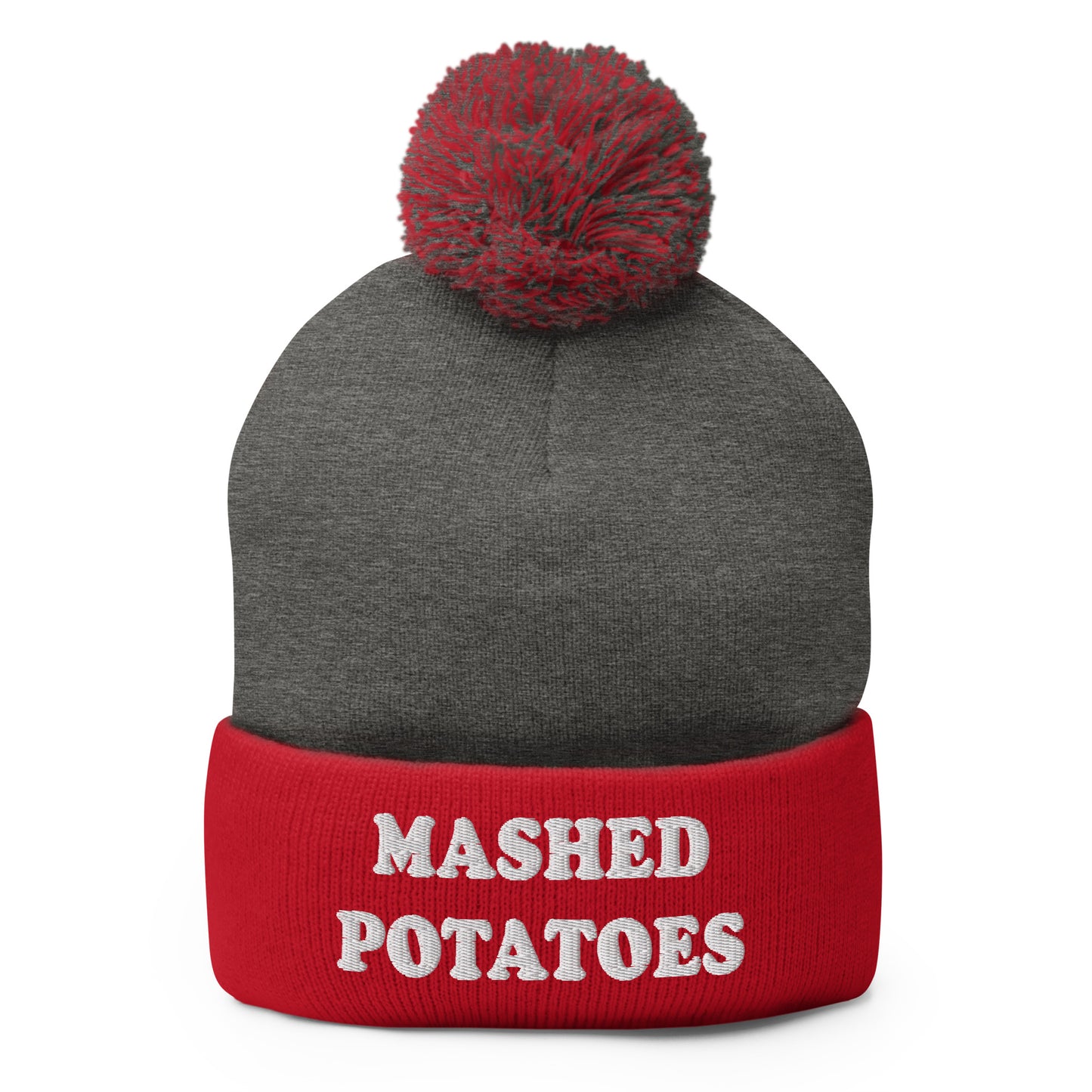 Red and Gray  Mashed Potatoes Beanie - Our Mashed Potatoes Beanie is comfortable, warm and expertly embroidered just for you. It's a funny beanie with a pom pom on top. The perfect hat for mashed potato lovers and foodies of all kinds. Wear it as everyday streetwear or give it as a gift for your favorite mashed potato enthusiast!