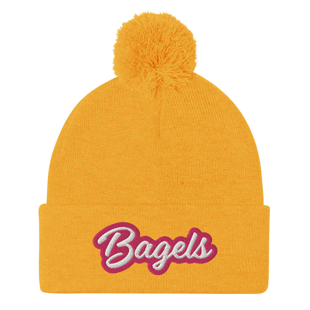 Yellow pink and white beanie for bagel lovers - Calling all bagel babes! Stay warm and make a statement in our pink and white embroidered beanie for bagel lovers. This funny foodie hat stands out and comes in a variety of colors. It's a unique bagel beanie that's comfortable and made just for you. Eat bagels in style or give it as a funny gift for bagel enthusiasts. 