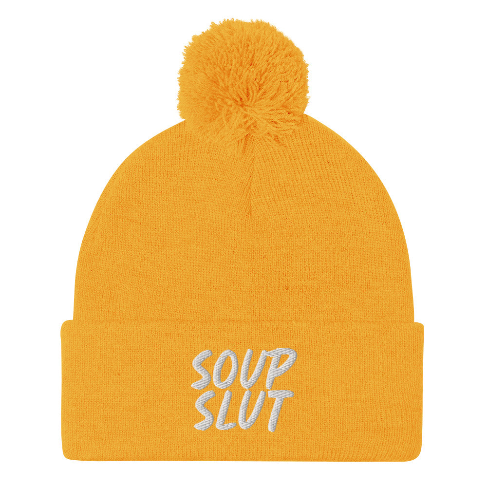 Yellow Soup Slut Beanie from Nina's Funky Shop by ninanush - Do you love soup? Looking for a fun gift for a foodie? This warm and cozy, embroidered pom pom beanie is just what you need. Celebrate your favorite foods in style with this funny foodie Beanie with "soup slut" expertly embroidered on the front. Perfect for soup lovers and foodies of all kinds.