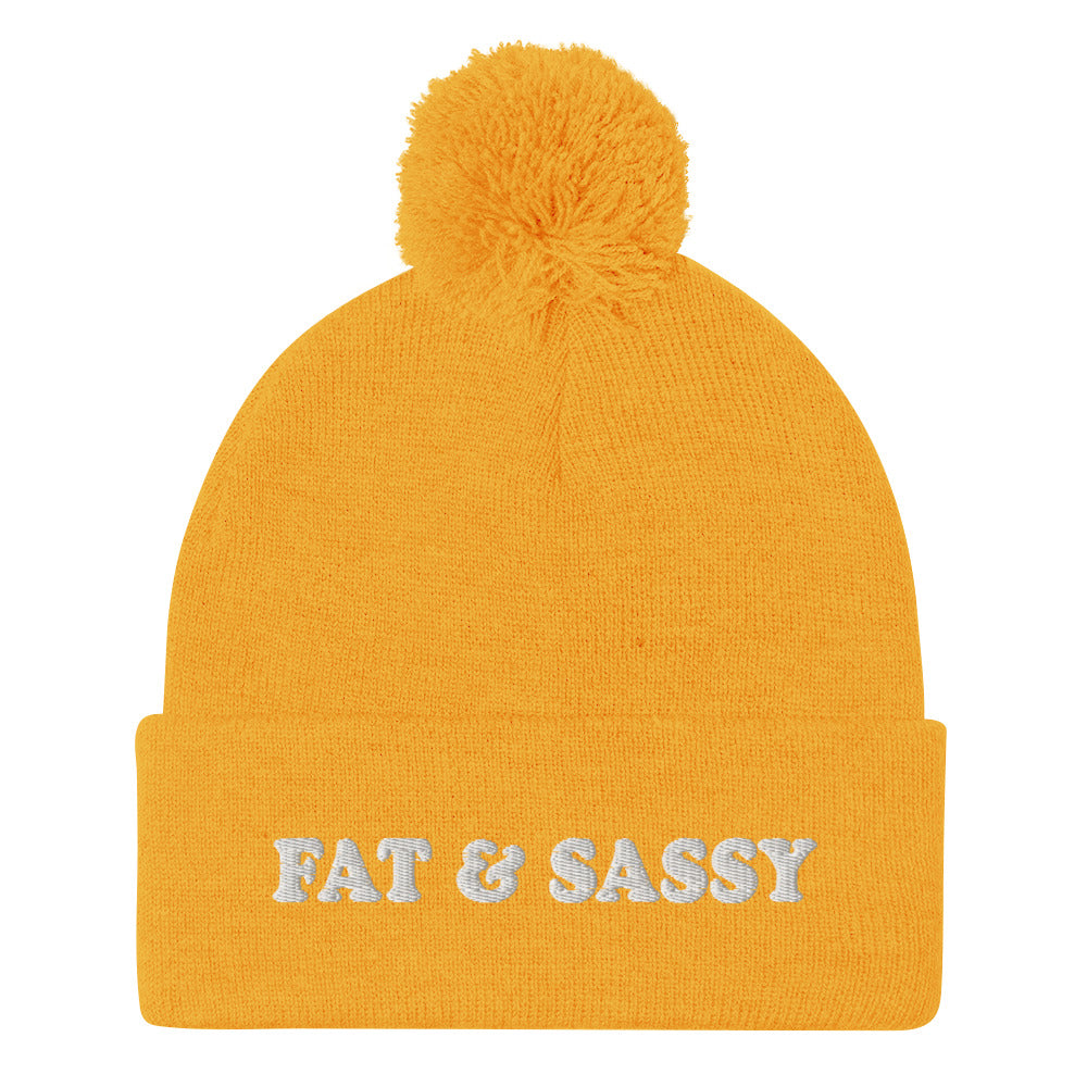 Yellow Fat and Sassy Beanie from Nina's Funky Shop by ninanush - Feeling fat and sassy? Looking for a fun gift for friend? This unisex, warm and cozy, embroidered pom pom beanie is just what you need. It's a unique and funny beanie with "Fat & Sassy" expertly embroidered on the front. A perfect hat for foodies of all kinds. Celebrate your favorite foods and passions in our funky apparel by Nina.