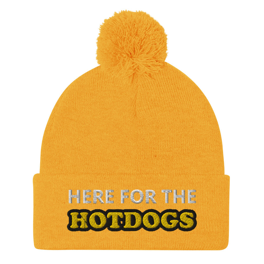 Yellow here for the hotdogs beanie - Do you love hotdogs? Looking for a funny gift for a friend? This is just the hat for you! It's a cozy and comfortable beanie that comes in a variety of colors with "Here For The Hotdogs", expertly embroidered on the front. The perfect funny beanie for game day, a warm hat for BBQs or a funny accessory for everyday foodies.