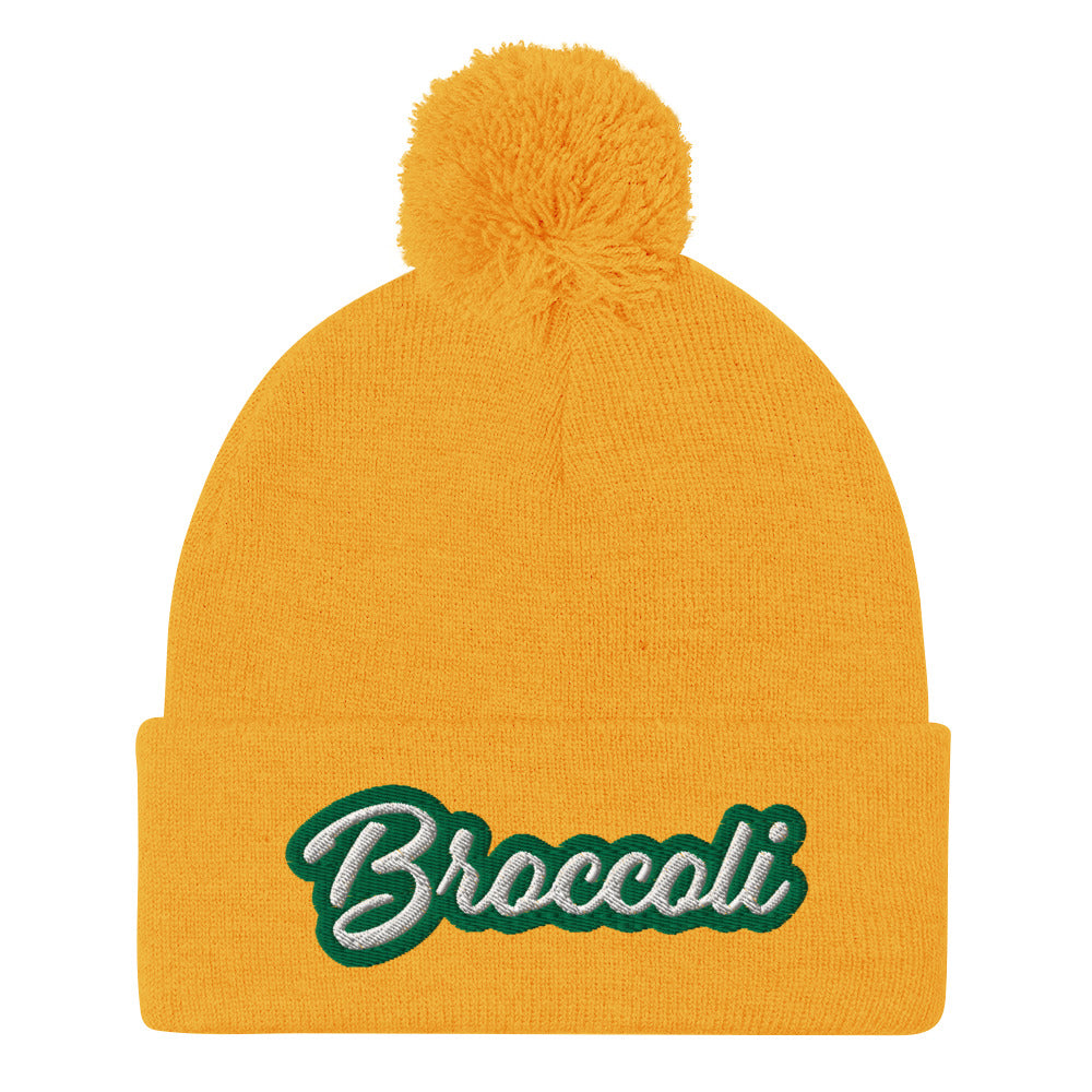 Yellow Broccoli Beanie - Love broccoli? Looking for a weird gift for a foodie? This broccoli hat is just for you! It's a warm and cozy beanie with a classic pom pom on top and "broccoli", expertly embroidered on the front.