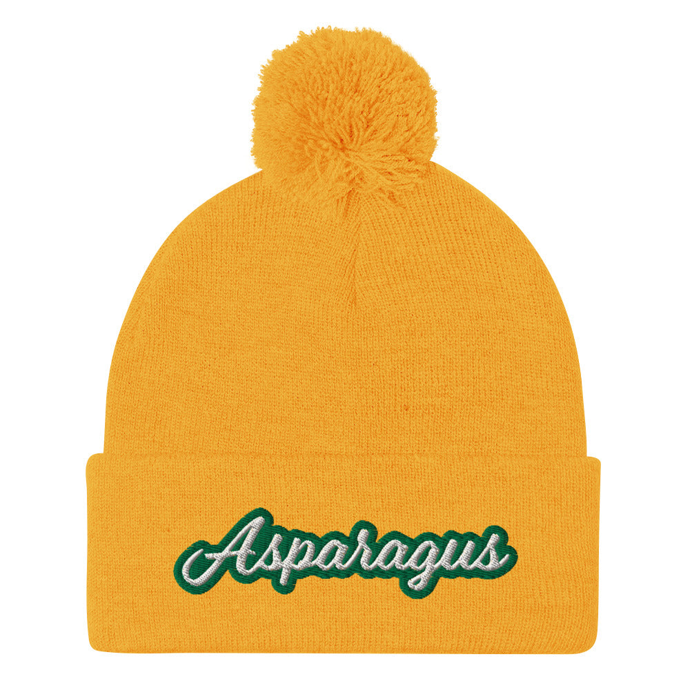 Yellow Asparagus Beanie. A Sarcastic Hat for Vegetarians - Veggie enthusiast? Looking for a funny gift? This Asparagus Hat is just what you need! It's a warm and cozy beanie with a classic pom pom on top and "Asparagus", expertly embroidered on the front. Designed by Nina and made just for you! Looking for something personalized? A different embroidery color? Shoot us an email or check out our customizable apparel!