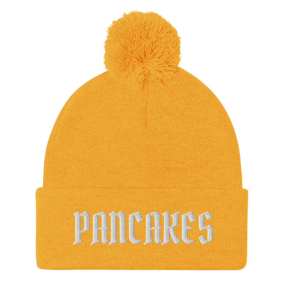 Yellow pancakes beanie - Are you a pancake enthusiast? Celebrate your favorite food in our funny beanies for foodies and beyond. Our Pancake Beanie is comfortable, comes in a variety of colors and is made just for you! Looking for something personalized? A different embroidery color? Shoot us an email or check out our customizable apparel!