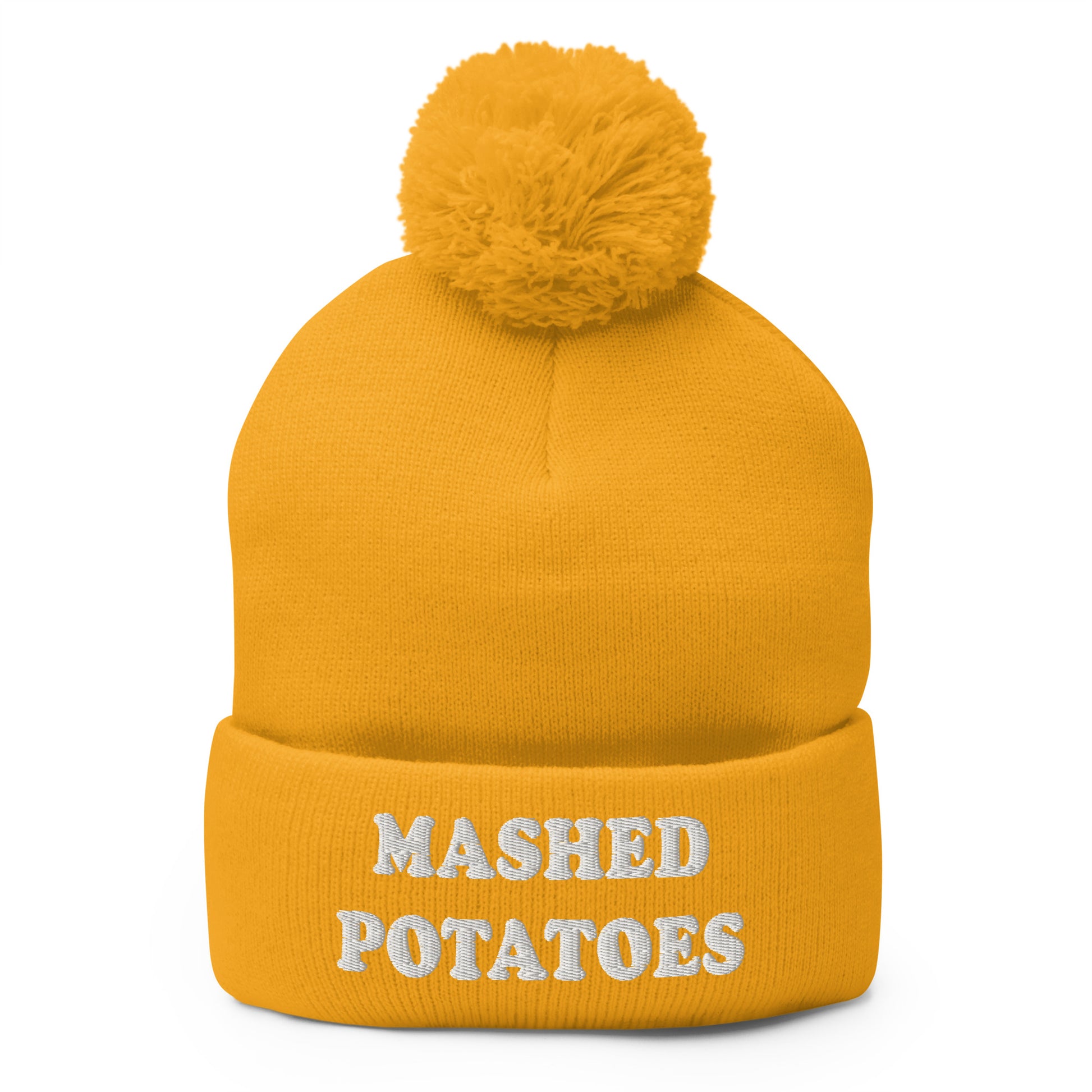 Yellow  Mashed Potatoes Beanie - Our Mashed Potatoes Beanie is comfortable, warm and expertly embroidered just for you. It's a funny beanie with a pom pom on top. The perfect hat for mashed potato lovers and foodies of all kinds. Wear it as everyday streetwear or give it as a gift for your favorite mashed potato enthusiast!