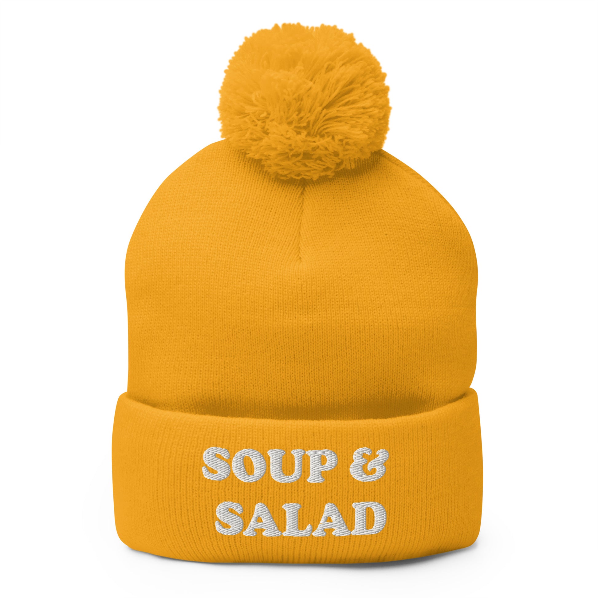 Yellow Soup and Salad Beanie - Our Soup And Salad Beanie is warm, cozy and made just for you. It's a classic beanie with a pom pom on top. The perfect hat for everyday streetwear or a funny gift for a friend.