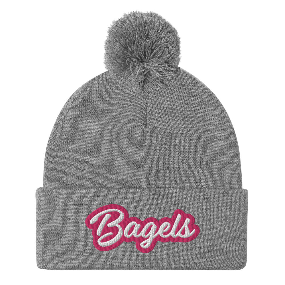 Light gray beanie with pink and white embroidery - Calling all bagel babes! Stay warm and make a statement in our pink and white embroidered beanie for bagel lovers. This funny foodie hat stands out and comes in a variety of colors. It's a unique bagel beanie that's comfortable and made just for you. Eat bagels in style or give it as a funny gift for bagel enthusiasts. 