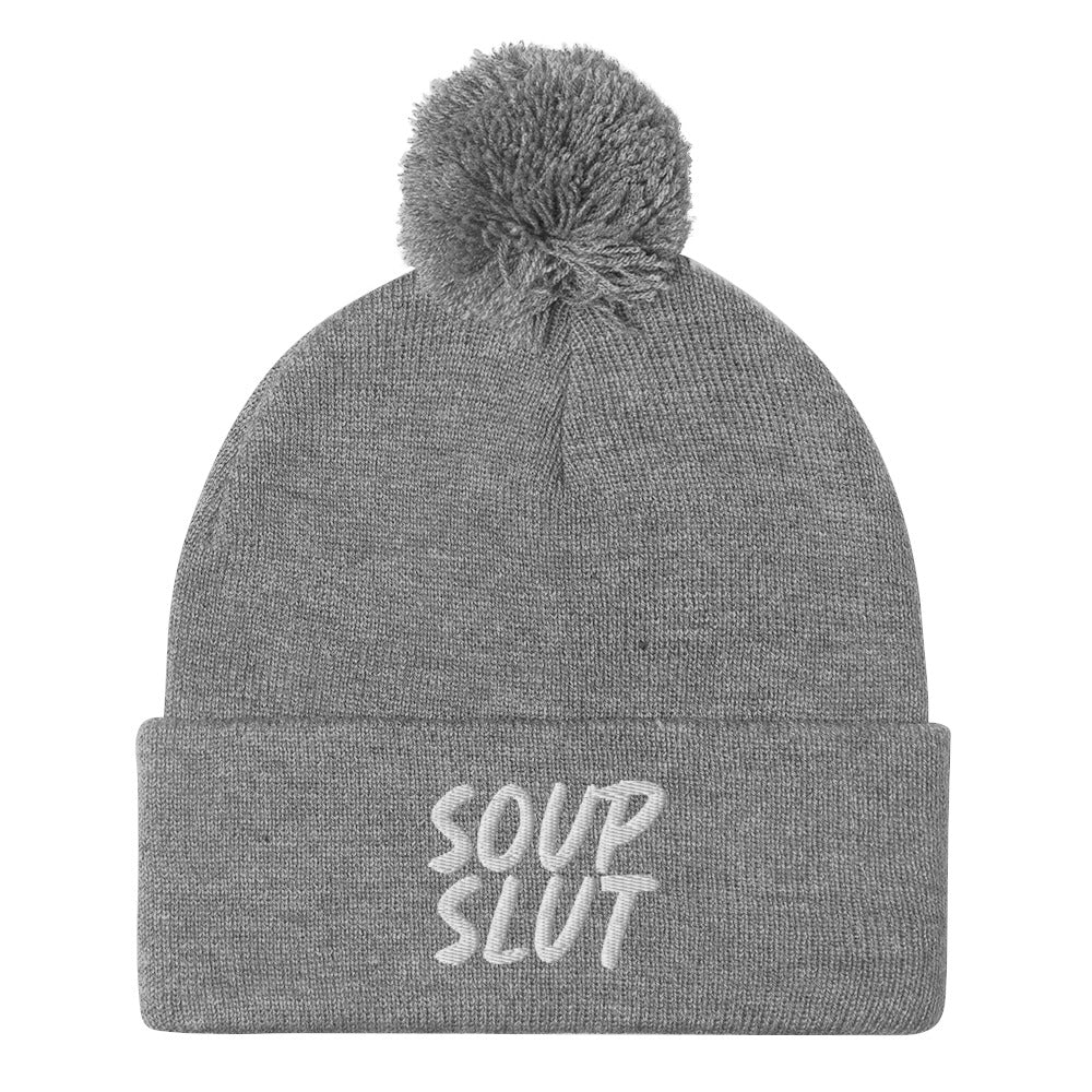 Light Gray Soup Slut Beanie from Nina's Funky Shop by ninanush - Do you love soup? Looking for a fun gift for a foodie? This warm and cozy, embroidered pom pom beanie is just what you need. Celebrate your favorite foods in style with this funny foodie Beanie with "soup slut" expertly embroidered on the front. Perfect for soup lovers and foodies of all kinds.