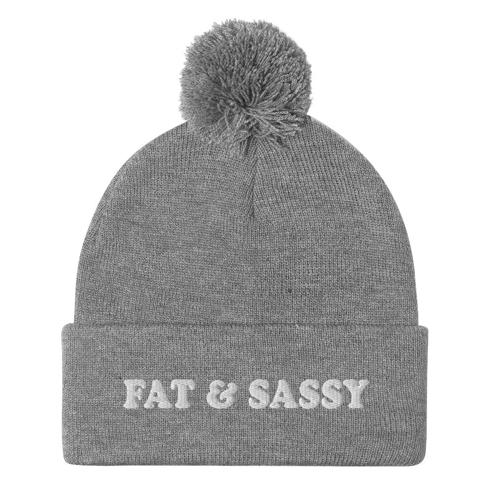 Light Gray Fat and Sassy Beanie from Nina's Funky Shop by ninanush - Feeling fat and sassy? Looking for a fun gift for friend? This unisex, warm and cozy, embroidered pom pom beanie is just what you need. It's a unique and funny beanie with "Fat & Sassy" expertly embroidered on the front. A perfect hat for foodies of all kinds. Celebrate your favorite foods and passions in our funky apparel by Nina.