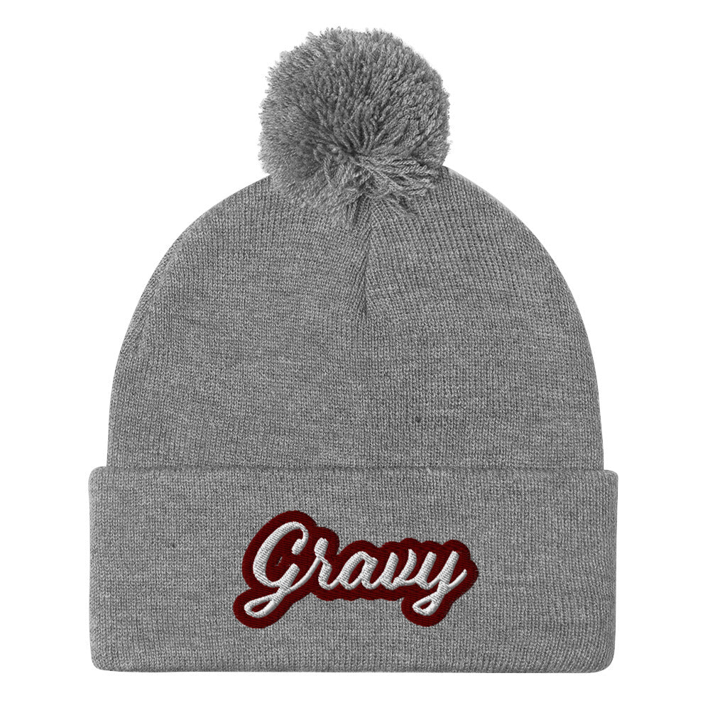 Light Gray Gravy PomPom Beanie from Nina's Funky Shop by Ninanush - Do you love gravy? Looking for a fun foodie gift? This warm and cozy, embroidered pom pom beanie is just what you need. Eat gravy and celebrate your favorite foods in style with this funny foodie Beanie with "Gravy", expertly embroidered on the front. Perfect for gravy lovers and foodies of all kinds.