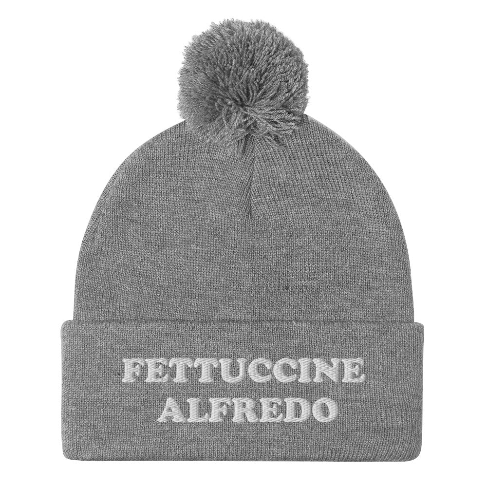 Light Gray Fettuccine Alfredo Pom Pom Beanie from Nina's Funky Shop by ninanush - Do you love Fettuccine Alfredo? Looking for a funny foodie gift? This warm and cozy, embroidered beanie is just what you need. It's a classic pom pom beanie with "Fettuccine Alfredo", expertly embroidered on the front. The perfect funny beanie for pasta lovers, fettuccine Alfredo enthusiasts and foodies of all kinds.