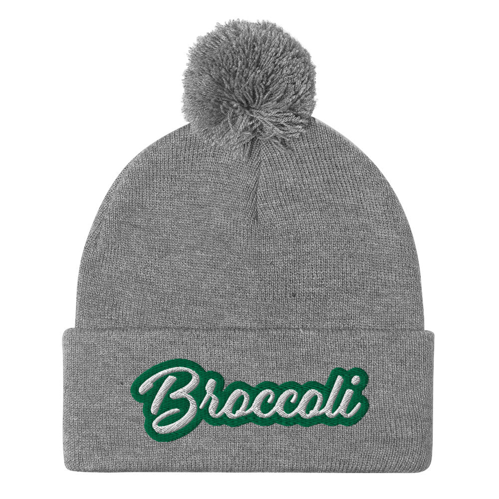 Gray Broccoli Beanie - Love broccoli? Looking for a weird gift for a foodie? This broccoli hat is just for you! It's a warm and cozy beanie with a classic pom pom on top and "broccoli", expertly embroidered on the front. 