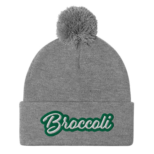 Gray Broccoli Beanie - Love broccoli? Looking for a weird gift for a foodie? This broccoli hat is just for you! It's a warm and cozy beanie with a classic pom pom on top and "broccoli", expertly embroidered on the front. 