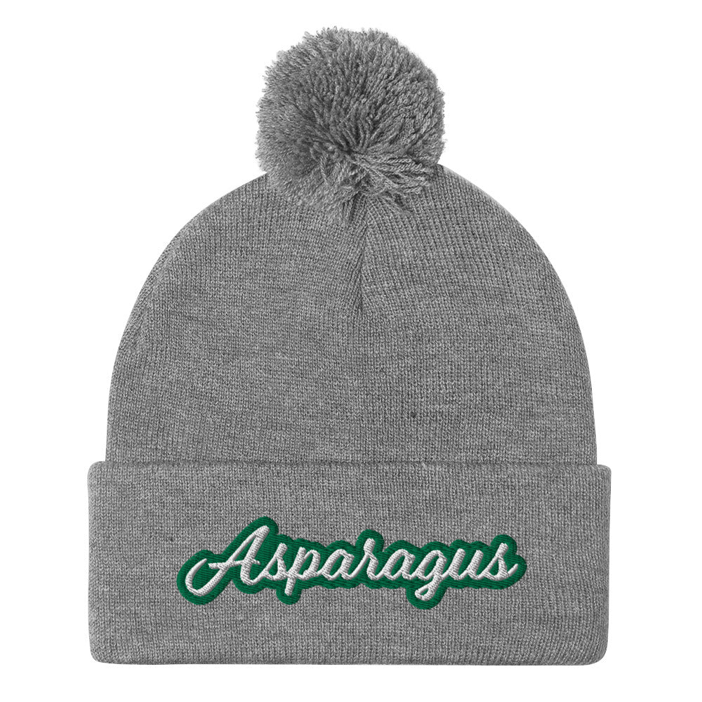 Gray Asparagus Beanie. A Sarcastic Hat for Vegetarians - Veggie enthusiast? Looking for a funny gift? This Asparagus Hat is just what you need! It's a warm and cozy beanie with a classic pom pom on top and "Asparagus", expertly embroidered on the front. Designed by Nina and made just for you! Looking for something personalized? A different embroidery color? Shoot us an email or check out our customizable apparel!