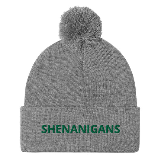 Gray Shenanigans Beanie - A warm and cozy pom pom beanie with "shenanigans", expertly embroidered accross the front.  Looking for something personalized? A different embroidery color? Shoot us an email or check out our customizable apparel! 