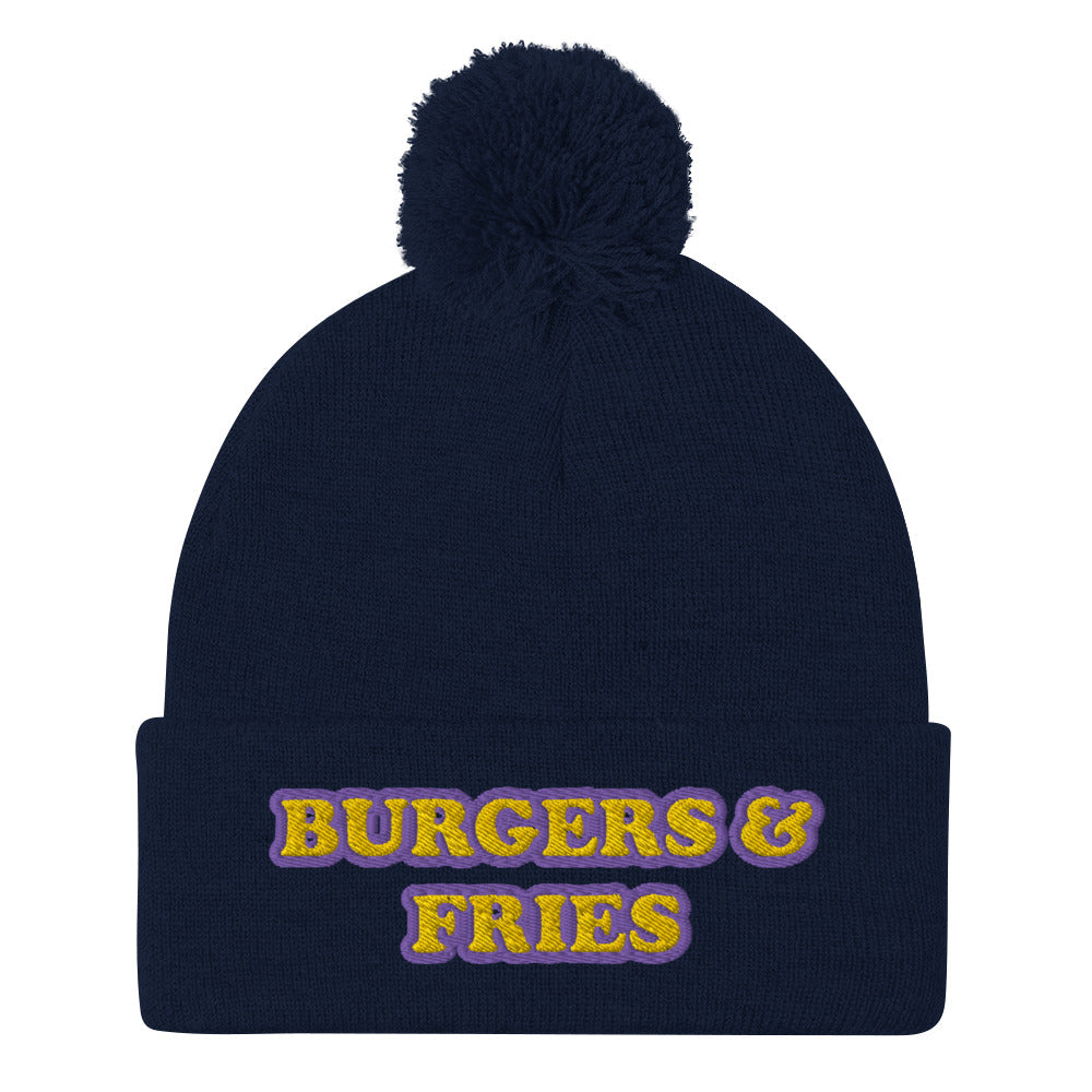 Navy blue beanie with funny embroidery for foodies and burger lovers - Eat burgers in style in this burger enthusiast beanie for burger and fries lovers. It's a funny food beanie that's warm, cozy and made just for you. This yellow and purple embroidered beanie has a pom pom on top and comes in various colors. It's a weird beanie for burger lovers and a funny gift for foodies of all kinds.