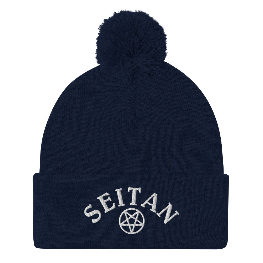 Navy seitan beanie from Nina's Funky Shop by ninanush - A funny seitan hat for plant based babes and foodies of all kinds! Stay warm and make a statement in our embroidered sarcastic seitan beanie. Eat your next vegan meal in this funny plant based foodie hat or give it as a funny gift for a vegan. Make a statement in a warm and cozy unisex seitan beanie made just for you.