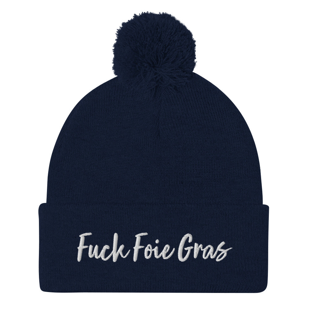 Navy Fuck Foie Gras beanie from Nina's Funky Shop by ninanush - Wear this Fuck Foie Gras beanie and bring awareness for the cruel production practices. This activist hat is warm, cozy, and embroidered with the words "Fuck Foie Gras". What is Foie Gras? Foie gras, is a delicacy in French cuisine. It's the liver of a goose or duck that has been fattened through force-feeding.