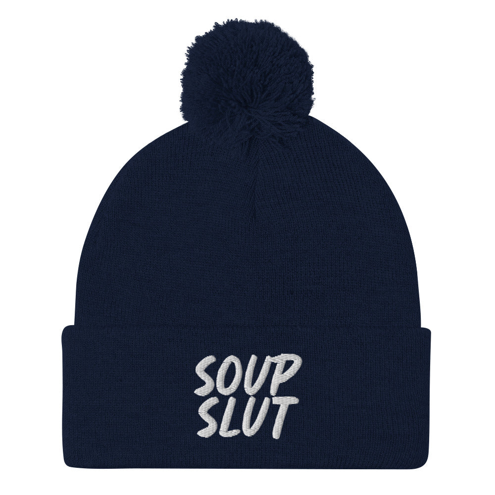 Navy Soup Slut Beanie from Nina's Funky Shop by ninanush - Do you love soup? Looking for a fun gift for a foodie? This warm and cozy, embroidered pom pom beanie is just what you need. Celebrate your favorite foods in style with this funny foodie Beanie with "soup slut" expertly embroidered on the front. Perfect for soup lovers and foodies of all kinds.