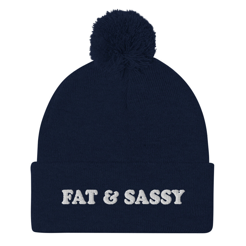 Navy Fat and Sassy Beanie from Nina's Funky Shop by ninanush - Feeling fat and sassy? Looking for a fun gift for friend? This unisex, warm and cozy, embroidered pom pom beanie is just what you need. It's a unique and funny beanie with "Fat & Sassy" expertly embroidered on the front. A perfect hat for foodies of all kinds. Celebrate your favorite foods and passions in our funky apparel by Nina.