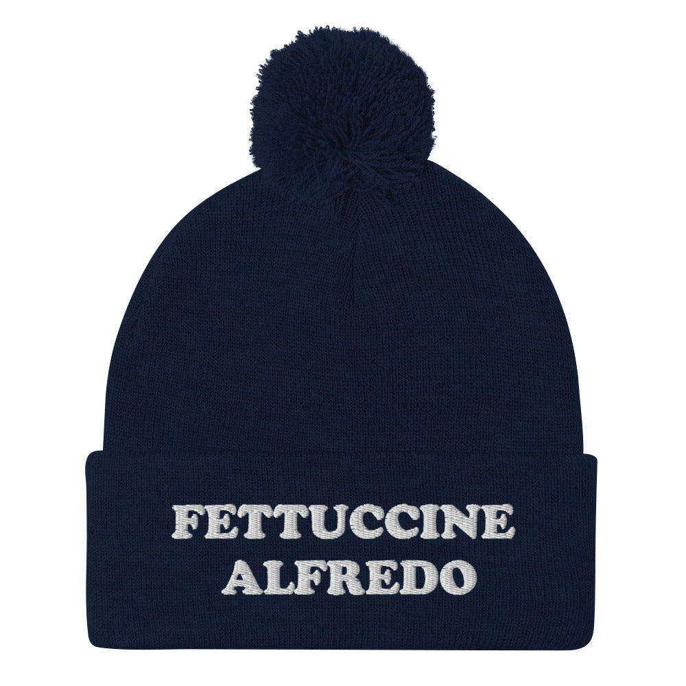 Navy Fettuccine Alfredo Pom Pom Beanie from Nina's Funky Shop by ninanush - Do you love Fettuccine Alfredo? Looking for a funny foodie gift? This warm and cozy, embroidered beanie is just what you need. It's a classic pom pom beanie with "Fettuccine Alfredo", expertly embroidered on the front. The perfect funny beanie for pasta lovers, fettuccine Alfredo enthusiasts and foodies of all kinds.