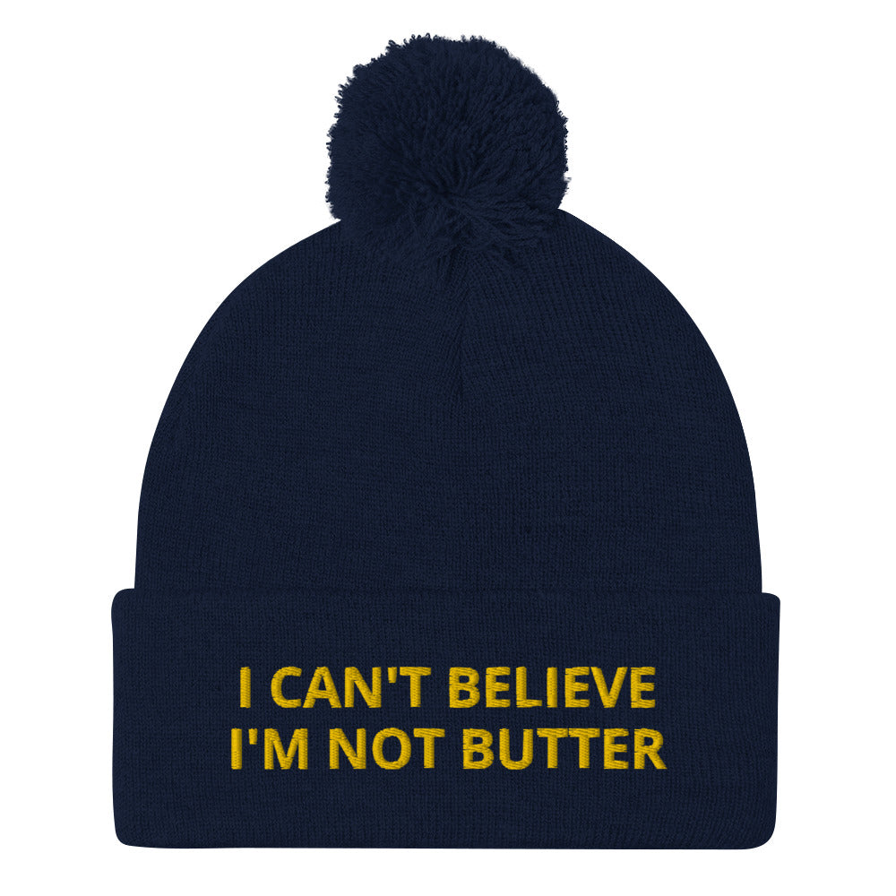 Navy Embroidered Beanie with I can't believe it's not butter from Nina's Funky Shop - Are you a butter lover? Looking for a funny gift for a foodie? This warm and cozy, embroidered beanie is just what you need. It's a classic beanie with "I can't believe I'm not butter" on the front. A perfect beanie for butter enthusiasts and foodies of all kinds. Celebrate your favorite foods in our funky foodie apparel.