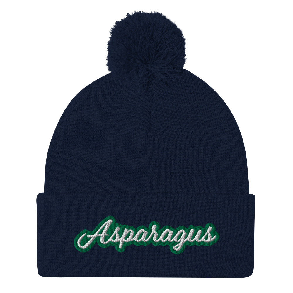 Navy Asparagus Beanie. A Sarcastic Hat for Vegetarians - Veggie enthusiast? Looking for a funny gift? This Asparagus Hat is just what you need! It's a warm and cozy beanie with a classic pom pom on top and "Asparagus", expertly embroidered on the front. Designed by Nina and made just for you! Looking for something personalized? A different embroidery color? Shoot us an email or check out our customizable apparel!