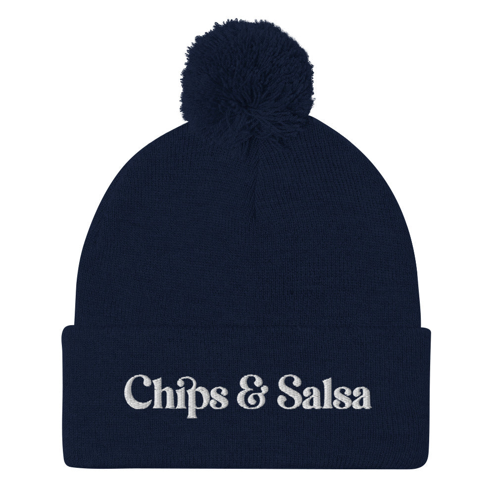 Navy Chips and Salsa Beanie - Love chips and salsa? Looking for a gift for a salsa enthusiast? This funny beanie is cozy, comfortable and made just for you. It's a classic pom pom beanie with a funny embroidered design. Celebrate your favorite foods in our chips and salsa hat. Looking for something personalized? A different embroidery color? Shoot us an email or check out our customizable apparel!