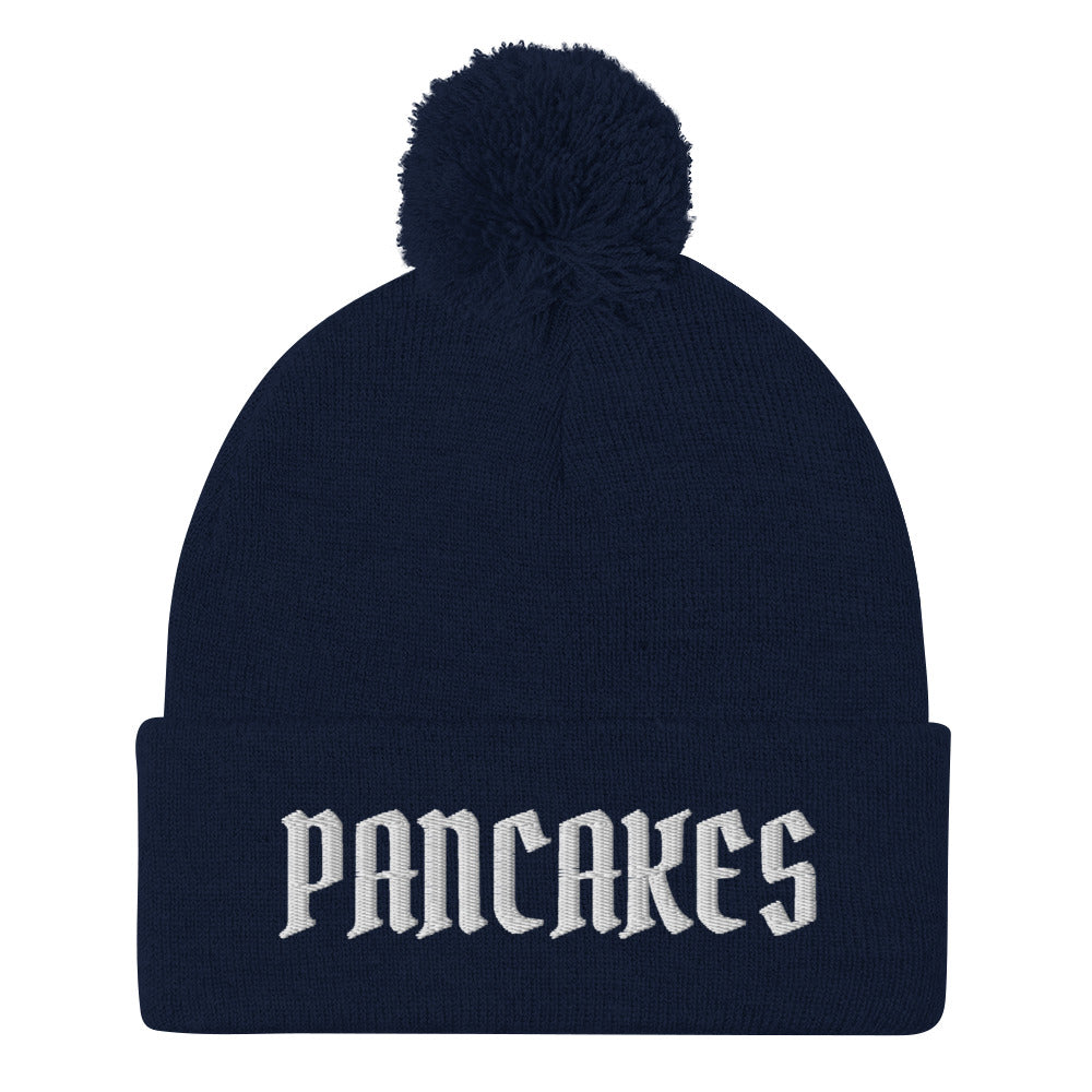 Navy pancakes beanie - Are you a pancake enthusiast? Celebrate your favorite food in our funny beanies for foodies and beyond. Our Pancake Beanie is comfortable, comes in a variety of colors and is made just for you! Looking for something personalized? A different embroidery color? Shoot us an email or check out our customizable apparel!