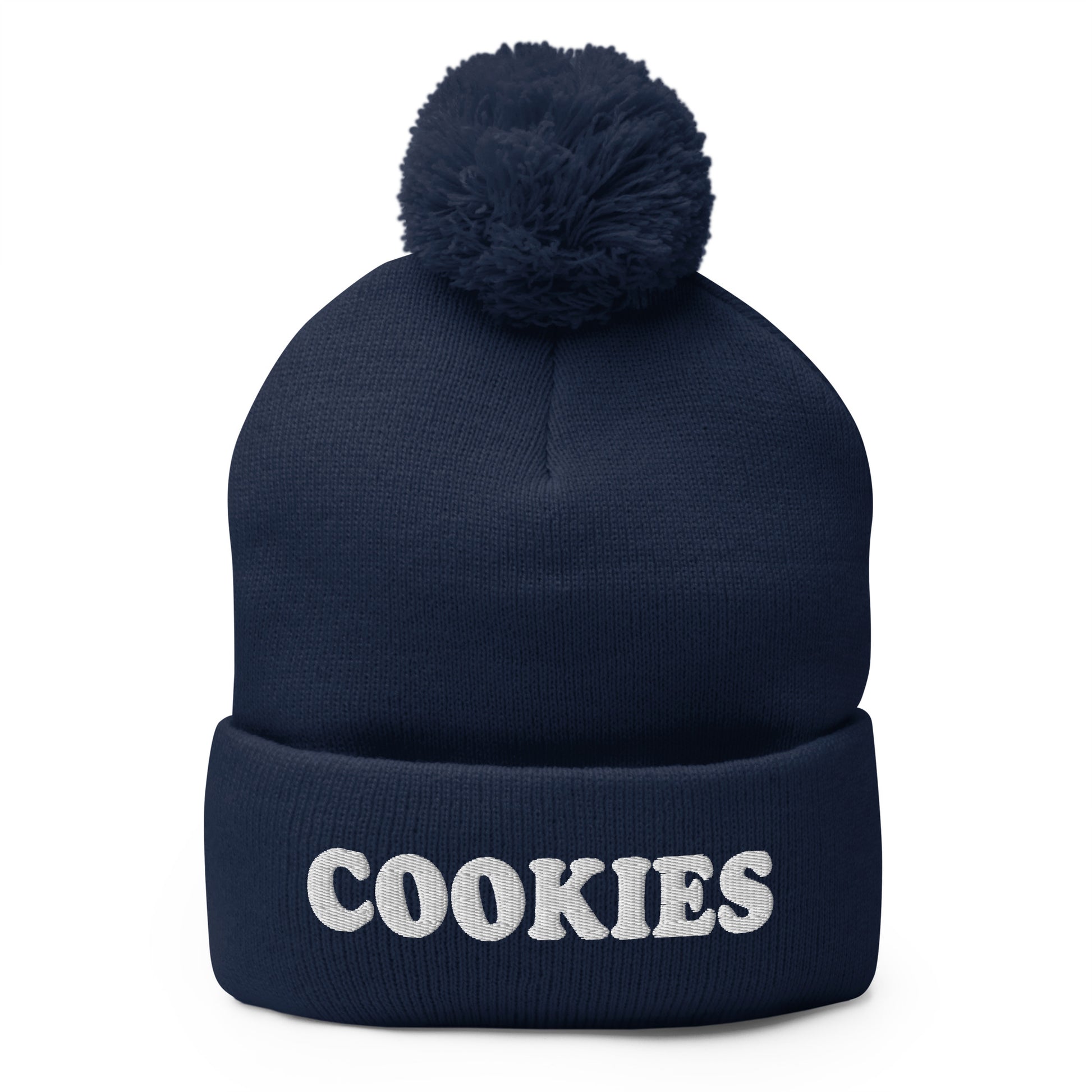 Navy Cookies Beanie - Love cookies? Looking for a funny gift for a foodie? Our Cookies Beanie is comfortable, cozy and expertly embroidered just for you. It's a classic beanie with a pom pom on top, perfect for everyday streetwear for cookie lovers and foodies of all kinds.