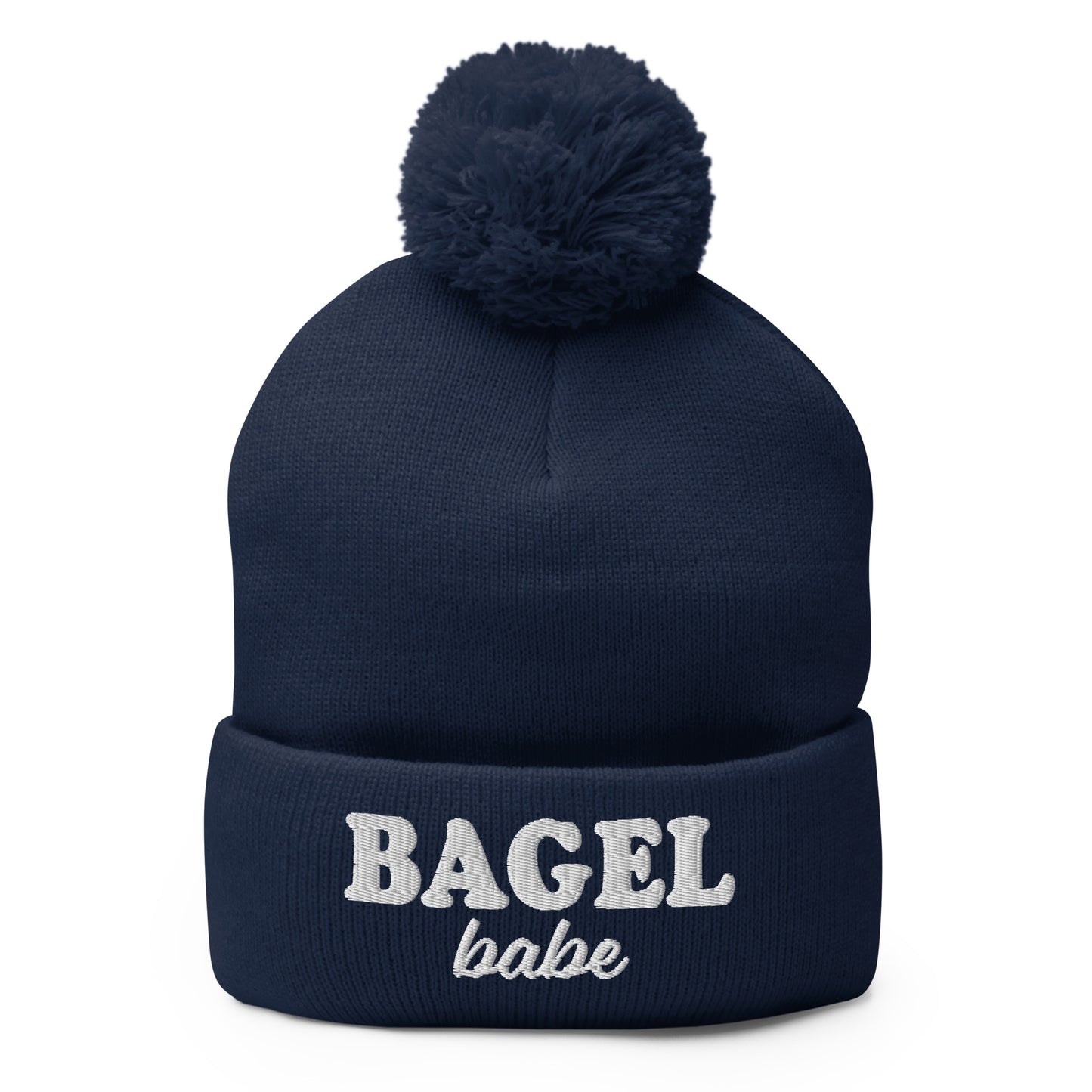 Navy Bagel Hat - Are you a bagel enthusiast? Looking for a funny gift for a foodie? Our Bagel Babe Beanie is comfortable, cozy and expertly embroidered just for you. It's a classic beanie with a pom pom on top, perfect for everyday streetwear for bagel lovers and foodies of all kinds.