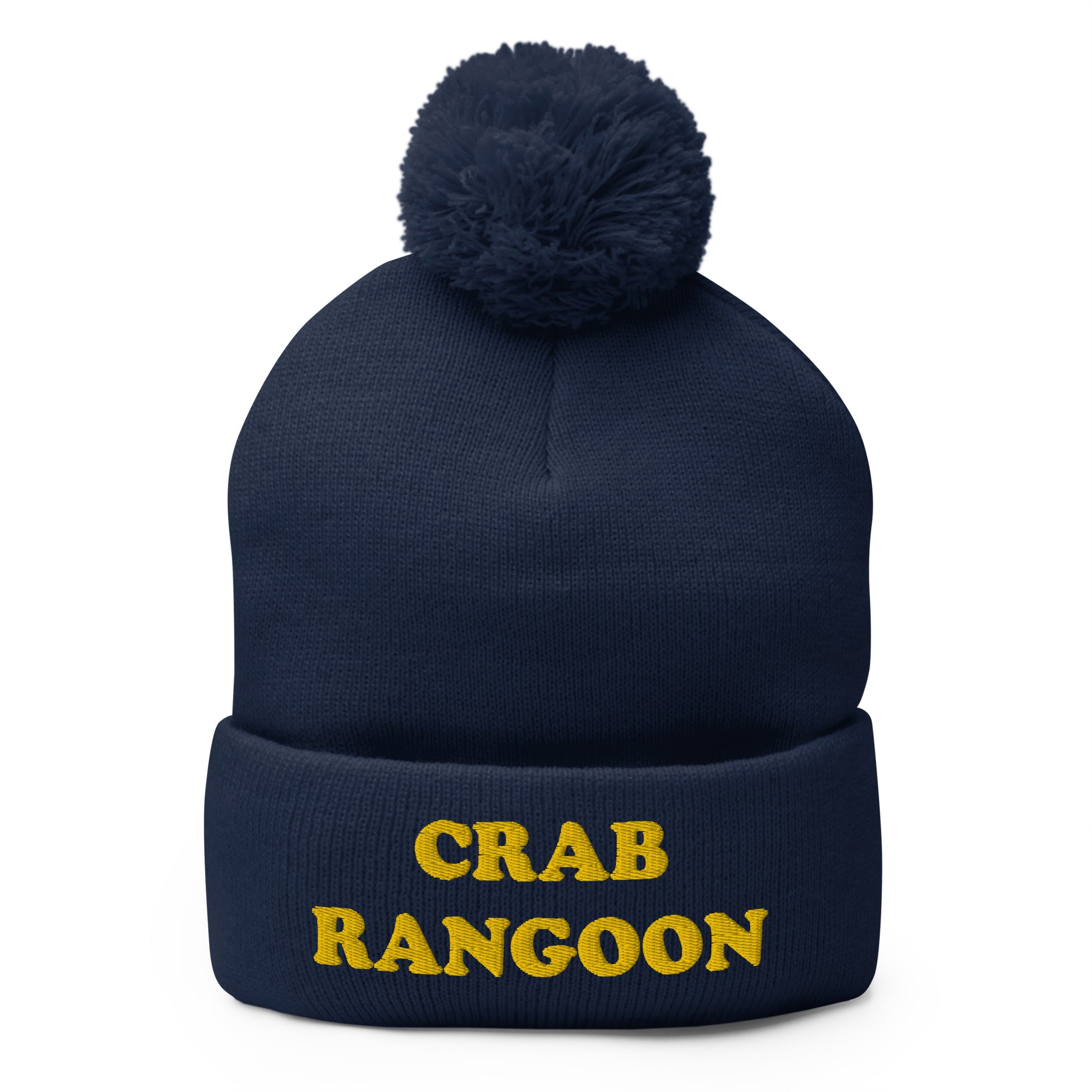 Navy Crab Rangoon Beanie - Love Crab Rangoon? Looking for a funny gift for a foodie? Our Crab Rangoon Beanie is comfortable, cozy and expertly embroidered just for you. It's a classic beanie with a pom pom on top. Perfect for everyday streetwear for Crab Rangoon lovers and foodies of all kinds.