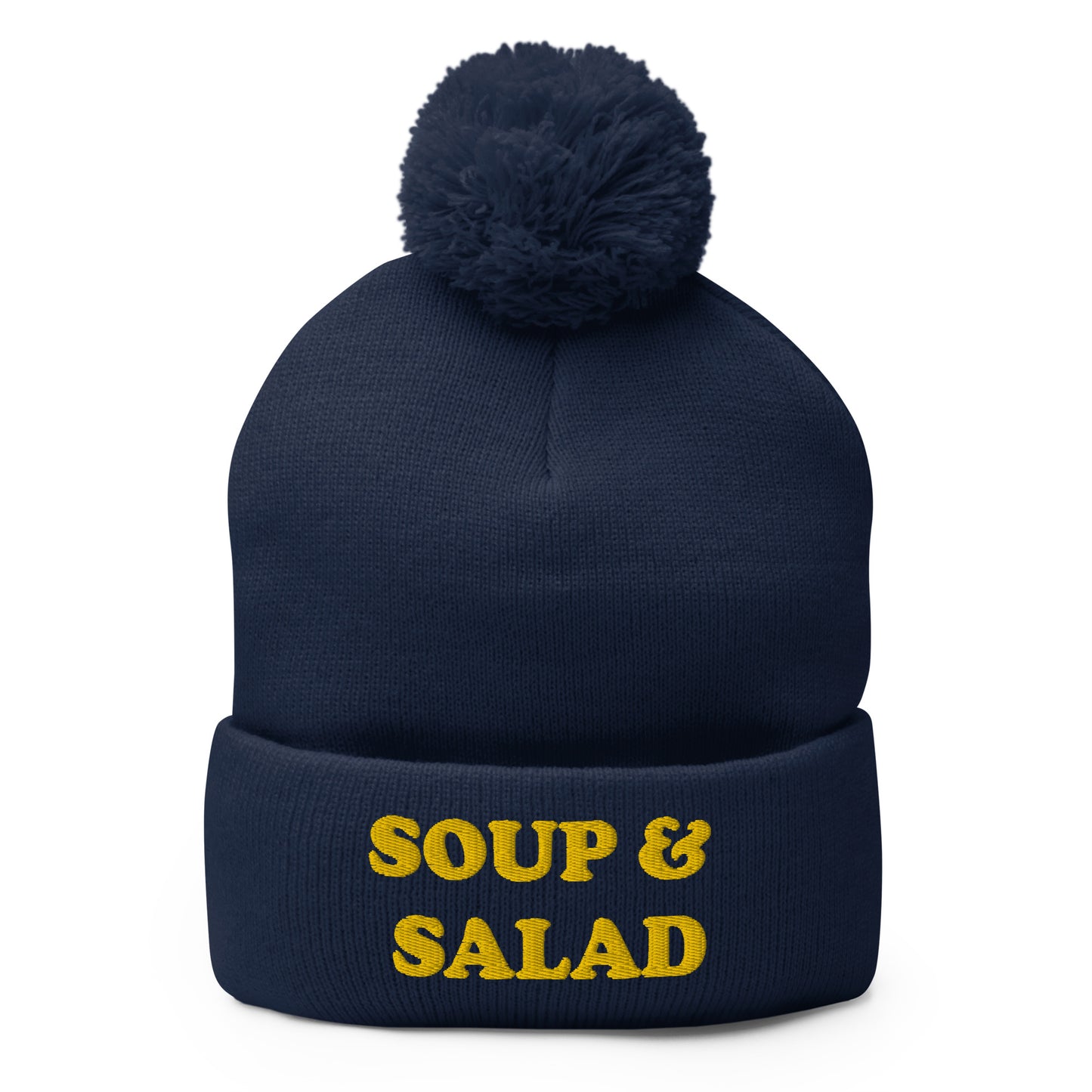 Navy Soup and Salad Beanie - Our Soup And Salad Beanie is warm, cozy and made just for you. It's a classic beanie with a pom pom on top. The perfect hat for everyday streetwear or a funny gift for a friend.