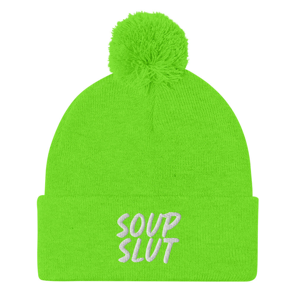 Green Soup Slut Beanie from Nina's Funky Shop by ninanush - Do you love soup? Looking for a fun gift for a foodie? This warm and cozy, embroidered pom pom beanie is just what you need. Celebrate your favorite foods in style with this funny foodie Beanie with "soup slut" expertly embroidered on the front. Perfect for soup lovers and foodies of all kinds.