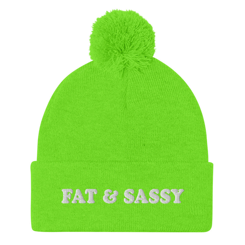 Neon Green Fat and Sassy Beanie from Nina's Funky Shop by ninanush - Feeling fat and sassy? Looking for a fun gift for friend? This unisex, warm and cozy, embroidered pom pom beanie is just what you need. It's a unique and funny beanie with "Fat & Sassy" expertly embroidered on the front. A perfect hat for foodies of all kinds. Celebrate your favorite foods and passions in our funky apparel by Nina.