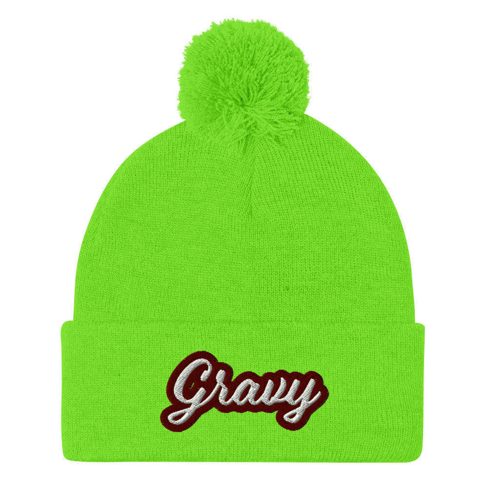 Green Gravy PomPom Beanie from Nina's Funky Shop by Ninanush - Do you love gravy? Looking for a fun foodie gift? This warm and cozy, embroidered pom pom beanie is just what you need. Eat gravy and celebrate your favorite foods in style with this funny foodie Beanie with "Gravy", expertly embroidered on the front. Perfect for gravy lovers and foodies of all kinds.