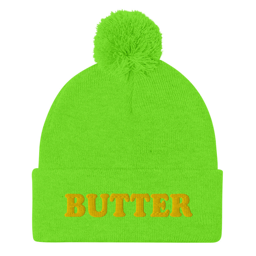 Neon Green Butter Beanie - Do you love butter? Looking for a funny gift for a butter enthusiast? This warm and cozy, embroidered beanie is just what you need. It's a classic pom pom beanie with "butter", expertly embroidered on the front. The perfect funny beanie for butter lovers and foodies of all kinds. Celebrate your favorite foods in our funky foodie apparel.