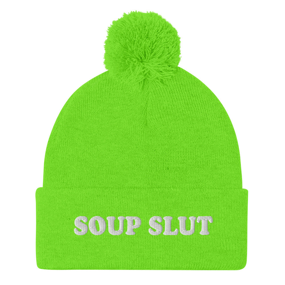 Neon Green Embroidered Beanie with Soup Slut from Nina's Funky Shop - Love soup? Looking for a funny gift for a soup enthusiast? This warm and cozy, embroidered beanie is just what you need. It's a classic pom pom beanie with "soup slut", expertly embroidered on the front. The perfect weird beanie hat for soup sluts and foodies of all kinds. Celebrate your favorite foods in our funky foodie apparel.