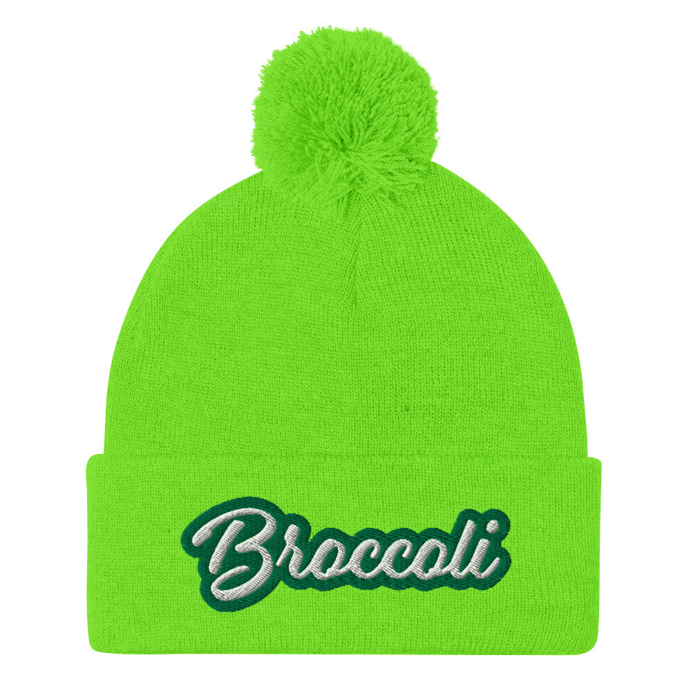 Neon Green Broccoli Beanie - Love broccoli? Looking for a weird gift for a foodie? This broccoli hat is just for you! It's a warm and cozy beanie with a classic pom pom on top and "broccoli", expertly embroidered on the front.