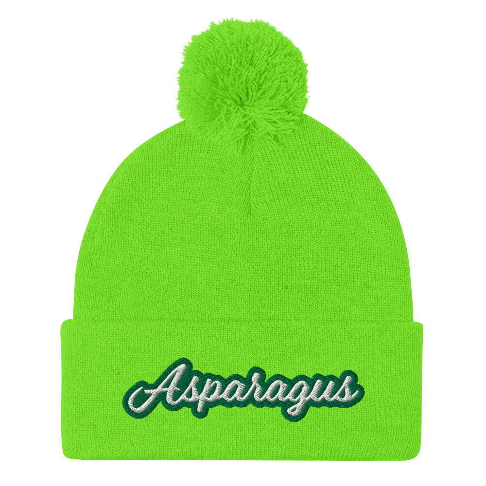 Green Asparagus Beanie. A Sarcastic Hat for Vegetarians - Veggie enthusiast? Looking for a funny gift? This Asparagus Hat is just what you need! It's a warm and cozy beanie with a classic pom pom on top and "Asparagus", expertly embroidered on the front. Designed by Nina and made just for you! Looking for something personalized? A different embroidery color? Shoot us an email or check out our customizable apparel!