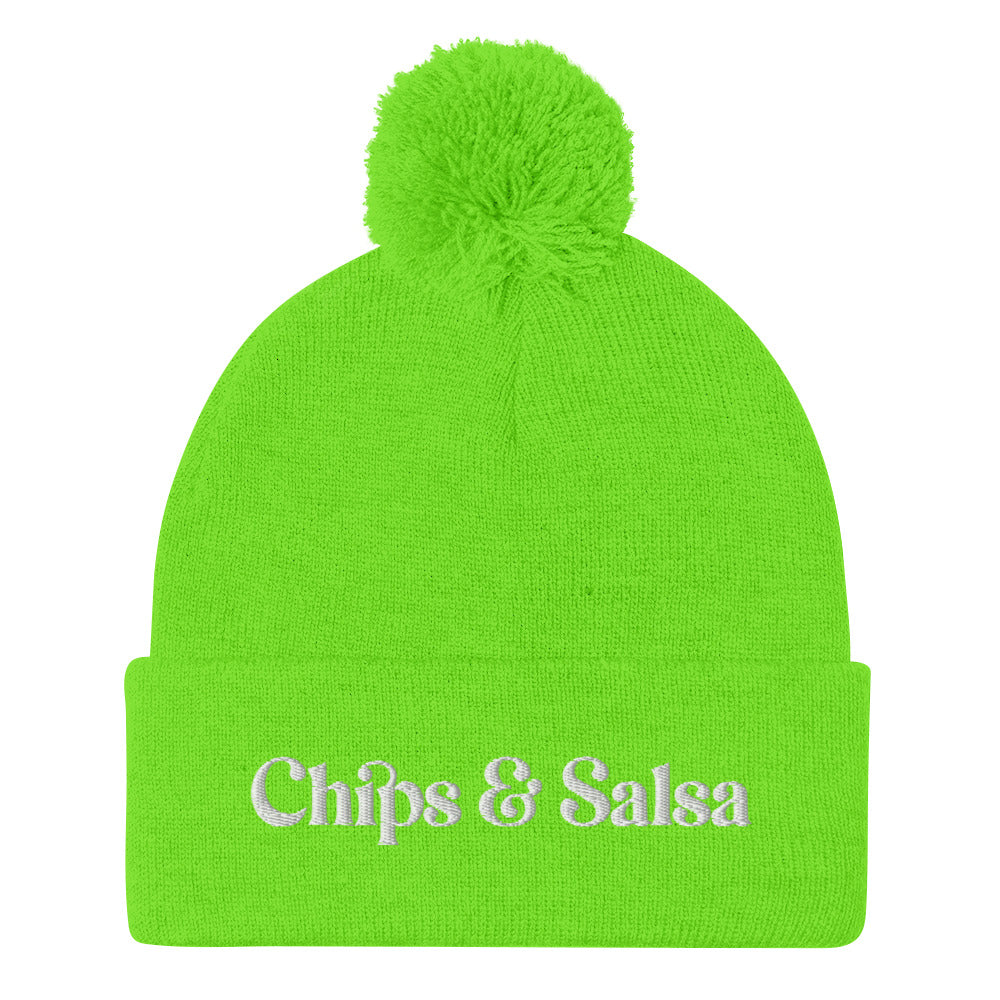 Neon Green Chips and Salsa Beanie - Love chips and salsa? Looking for a gift for a salsa enthusiast? This funny beanie is cozy, comfortable and made just for you. It's a classic pom pom beanie with a funny embroidered design. Celebrate your favorite foods in our chips and salsa hat. Looking for something personalized? A different embroidery color? Shoot us an email or check out our customizable apparel!