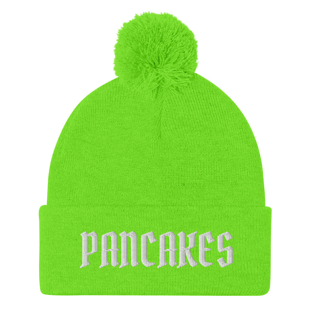 Neon Green pancakes beanie - Are you a pancake enthusiast? Celebrate your favorite food in our funny beanies for foodies and beyond. Our Pancake Beanie is comfortable, comes in a variety of colors and is made just for you! Looking for something personalized? A different embroidery color? Shoot us an email or check out our customizable apparel!