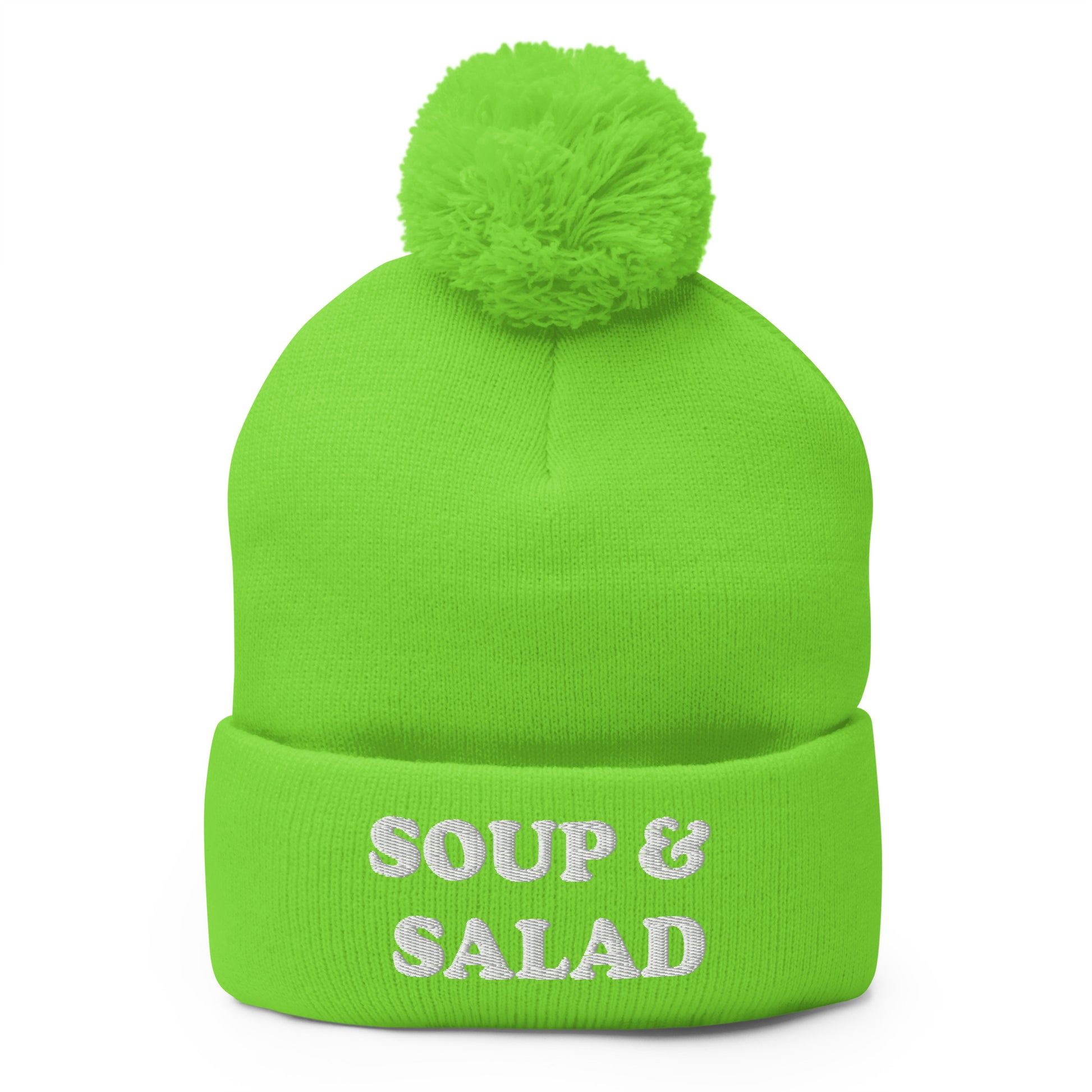 Green Soup and Salad Beanie - Our Soup And Salad Beanie is warm, cozy and made just for you. It's a classic beanie with a pom pom on top. The perfect hat for everyday streetwear or a funny gift for a friend.