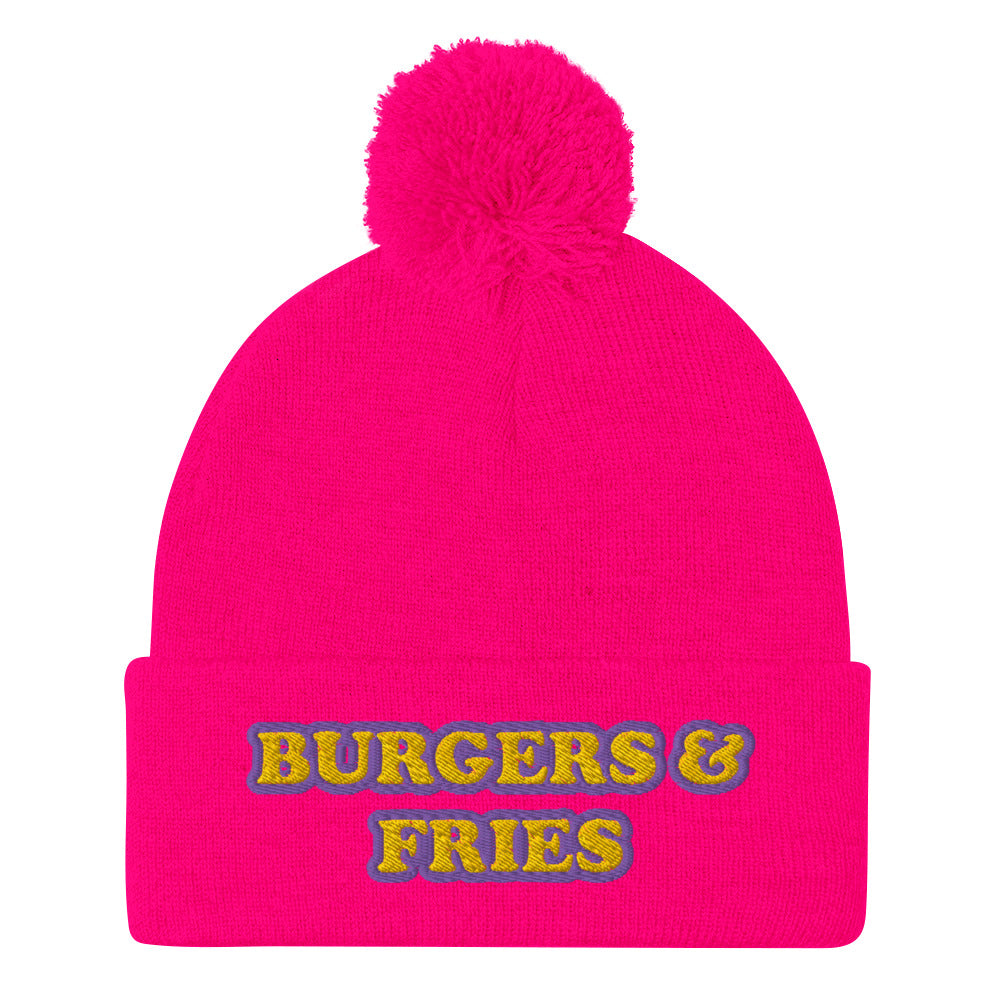 Hot pink beanie with unique burger lover design - Eat burgers in style in this burger enthusiast beanie for burger and fries lovers. It's a funny food beanie that's warm, cozy and made just for you. This yellow and purple embroidered beanie has a pom pom on top and comes in various colors. It's a weird beanie for burger lovers and a funny gift for foodies of all kinds.